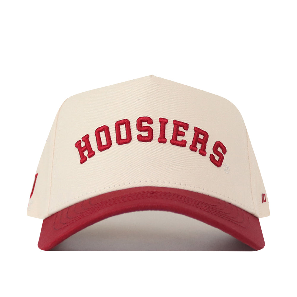 Introducing the Right Side Up Hoosiers Hat - Classic Colors by No Rivals: This officially licensed snapback features a cream-colored base with “HOOSIERS” embroidered in red on the front and a striking red curved brim—a perfect blend of team spirit and classic style.
