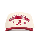 The Alabama Rally Hat by No Rivals is a high-quality cotton snapback with a white and red design, featuring “Alabama Crimson Tide,” “1831,” and a bold red letter A embroidered on the front.