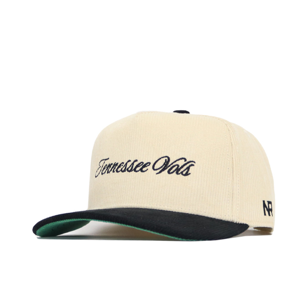 The Tennessee Traditions Hat by No Rivals features cream corduroy, a black bill, "Tennessee Vols" in black script on the front, a small NP logo on the side, structured fit, and an adjustable snapback closure.