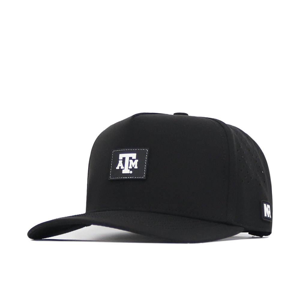 The No Rivals Texas A&M Trainer Hat is a black snapback with a structured fit and flat brim, featuring the Texas A&M University logo on the front and a small NR logo on the side.