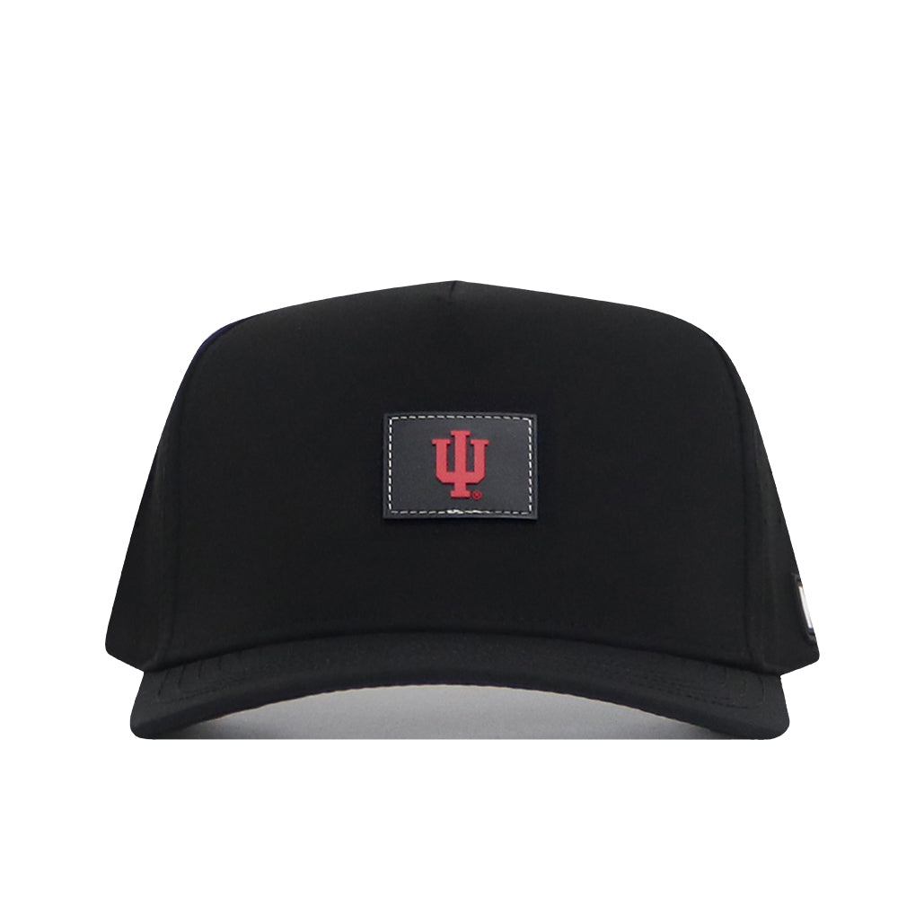 The No Rivals Indiana Trainer Hat is a black performance cap featuring a rectangular patch with a red Indiana University logo on the front. Officially licensed, it offers comfort and durability.