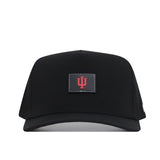 The No Rivals Indiana Trainer Hat is a black performance cap featuring a rectangular patch with a red Indiana University logo on the front. Officially licensed, it offers comfort and durability.