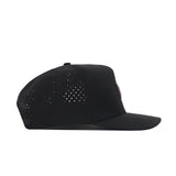 Side view of the No Rivals Indiana Trainer Hat—a black performance cap with back panel perforations for ventilation, flat brim, and adjustable snapback for a perfect fit.