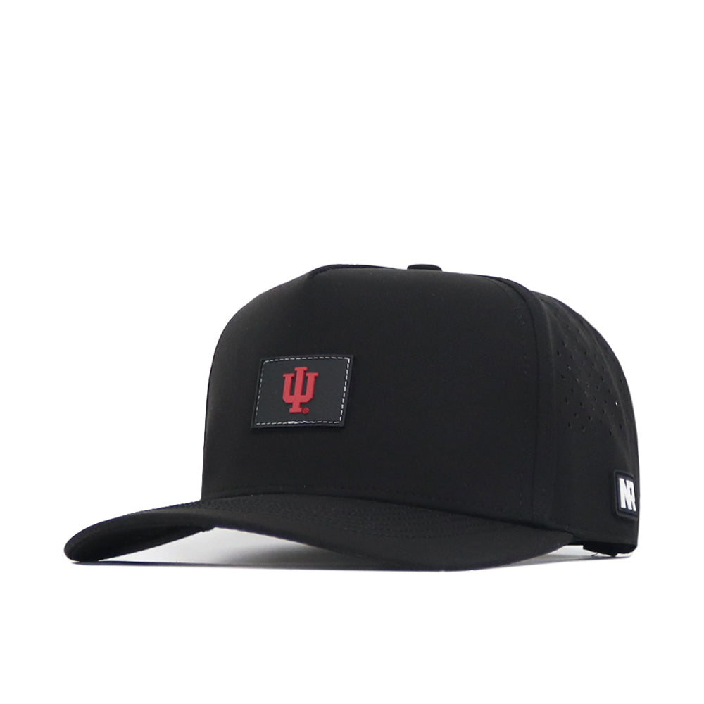 The Indiana Trainer Hat by No Rivals is a black flat-brim baseball cap with a red IU logo patch on the front and an NR label on the side. It features snap back adjustment for a perfect fit.