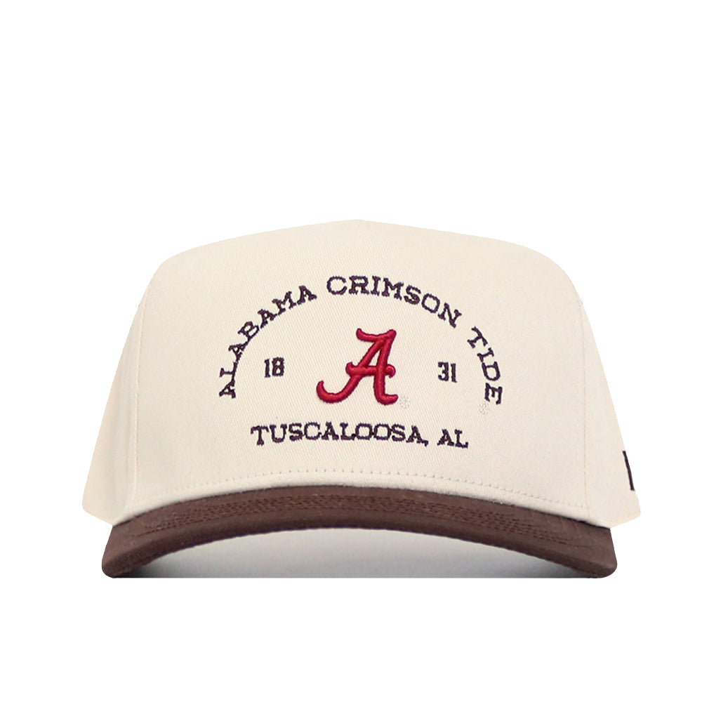 The No Rivals Alabama Outlaw Hat - Classic is a cream snapback with a brown brim, crafted from quality cotton and featuring "Alabama Crimson Tide," "1831," and "Tuscaloosa, AL" embroidered in maroon and black on the front.