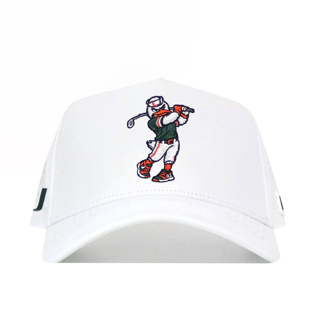 The Miami Golf Hat - White by No Rivals features an embroidered cartoon duck in golf attire swinging a club on the front panel and includes a comfortable snap back closure.