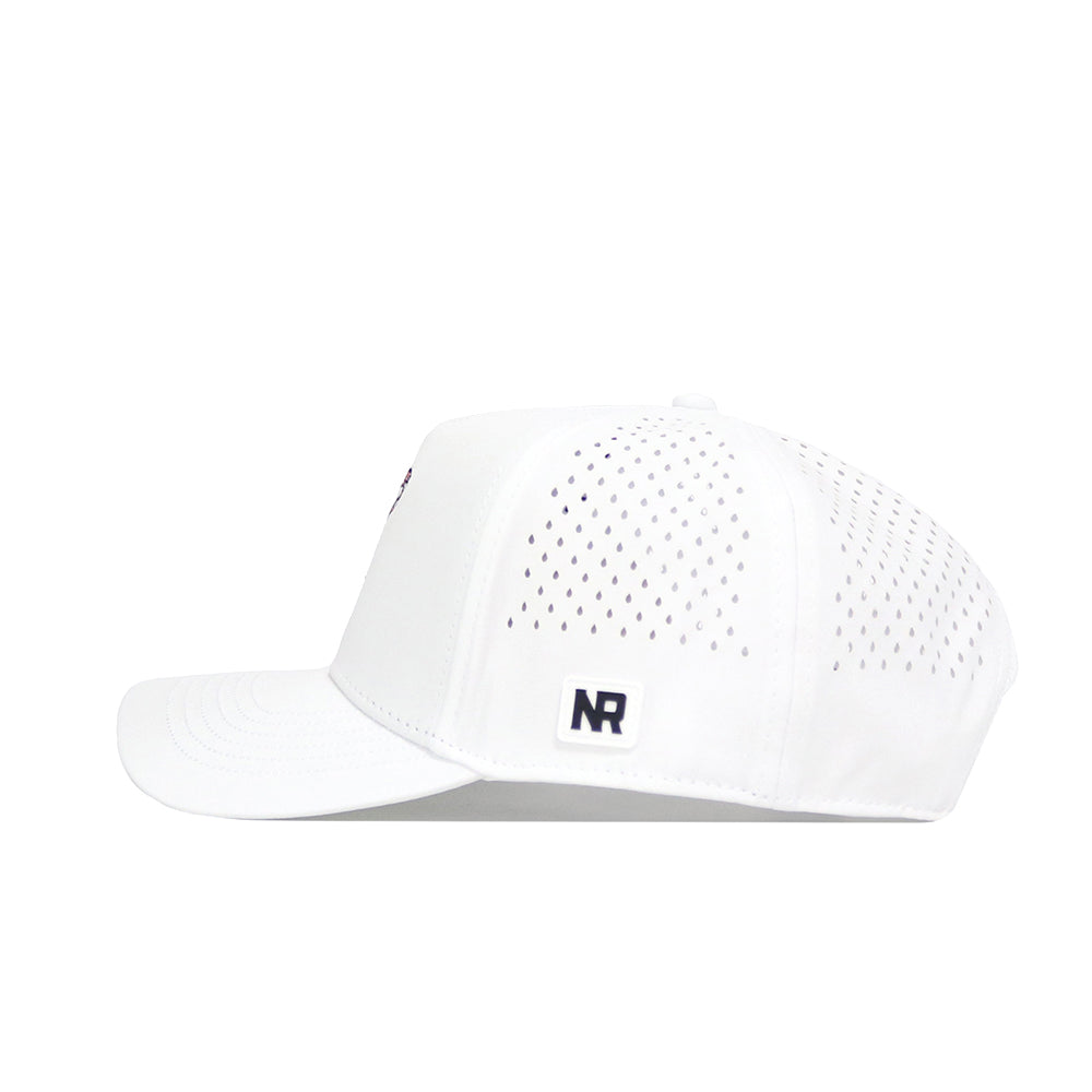 The Miami Golf Hat - White by No Rivals features side and back ventilation holes, a solid front panel with a small black NR logo patch on the side, and a snapback closure. Shown in side profile.