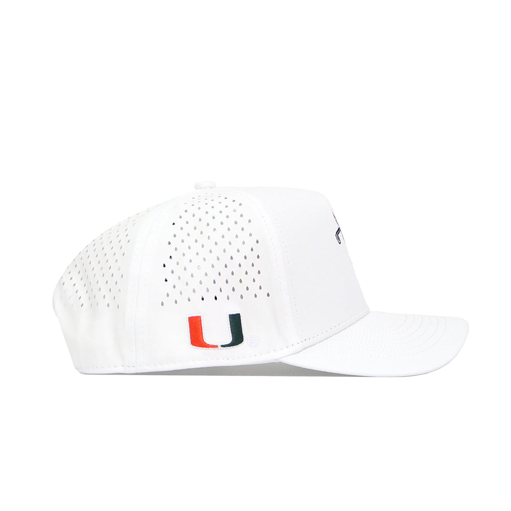 The No Rivals Miami Golf Hat - White features side ventilation holes, a green, orange, and white U logo embroidered near the back, embroidered graphics, and a classic snapback closure for adjustable fit.