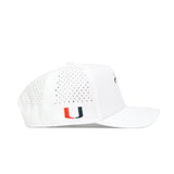 The No Rivals Miami Golf Hat - White features side ventilation holes, a green, orange, and white U logo embroidered near the back, embroidered graphics, and a classic snapback closure for adjustable fit.