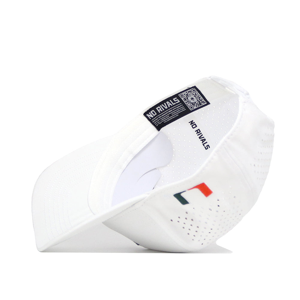 The Miami Golf Hat - White by No Rivals is a white snapback cap with small ventilation holes, embroidered side graphics featuring a colorful logo, and an interior black label displaying the NO RIVALS name and a QR code.