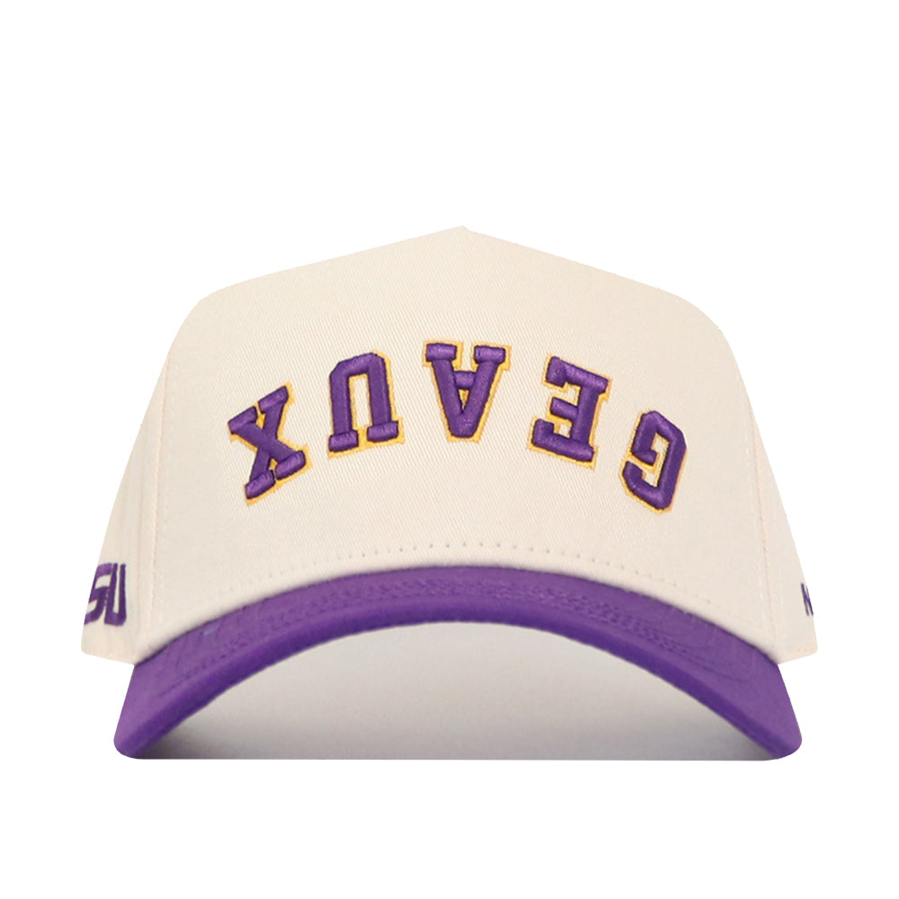 The No Rivals Upside Down Geaux Hat - LSU - Classic features a white cotton build, purple brim, and "GEAUX" embroidered upside down on the front for standout style and lasting comfort.