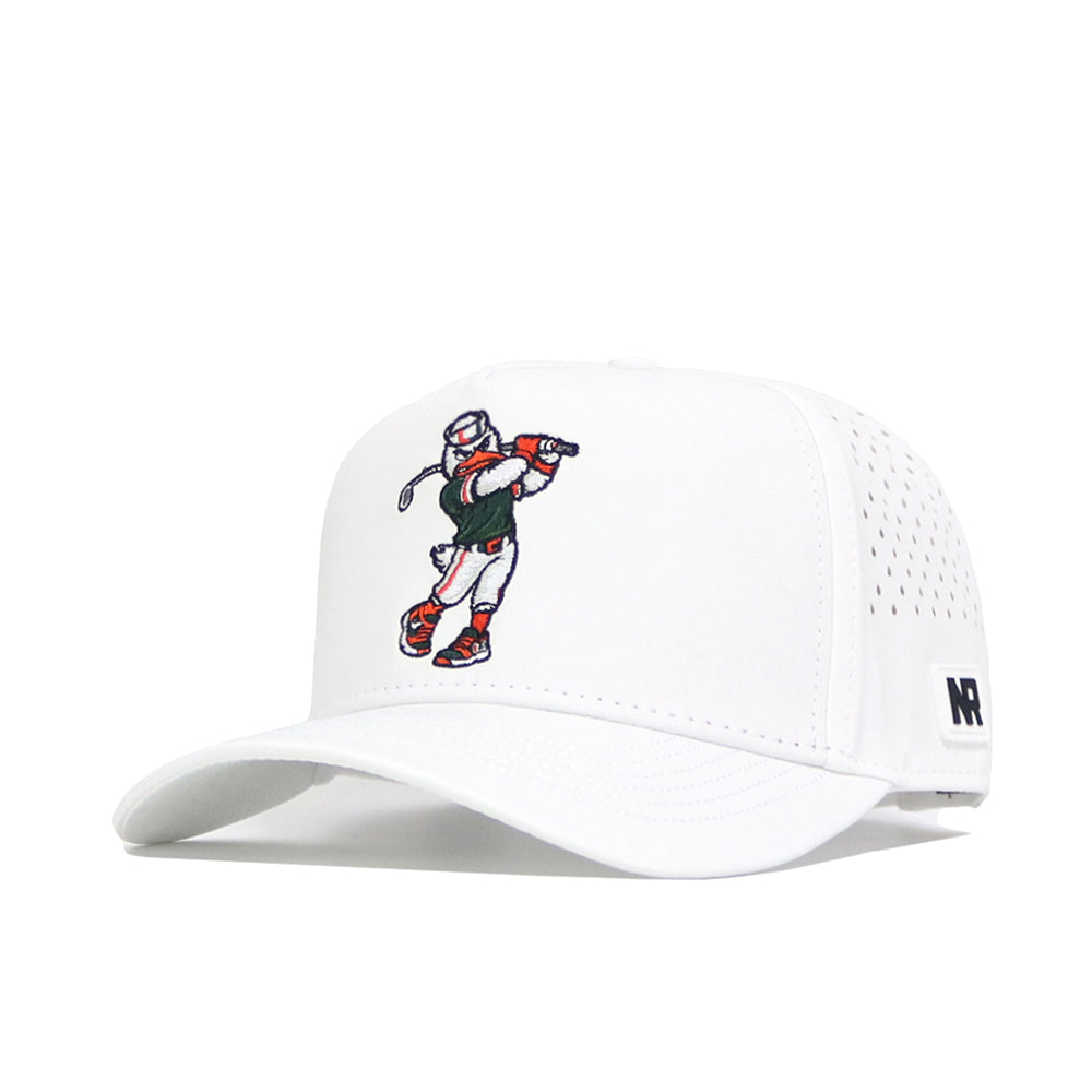 The Miami Golf Hat - White by No Rivals features an embroidered golfer on the front, perforated side panels, a black logo patch on the left, and an adjustable snap back for a perfect fit.