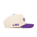 The Upside Down Geaux Hat - LSU - Classic by No Rivals is a cream cotton baseball cap with purple and gold embroidery, “LSU” on the side, a purple brim, and a structured fit for comfort.