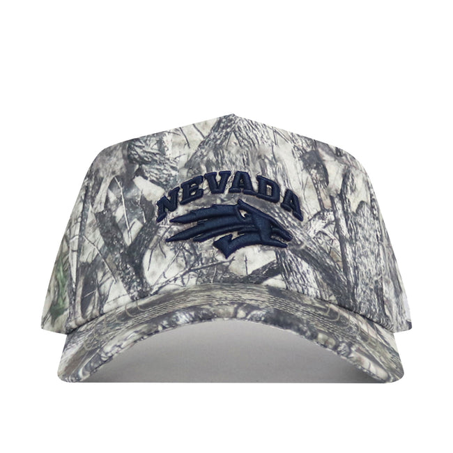 The No Rivals Nevada Wolfpack Outland Hat is a camo baseball cap with "NEVADA" and a wolf logo embroidered in dark blue on the front, plus a snapback closure for a structured fit.