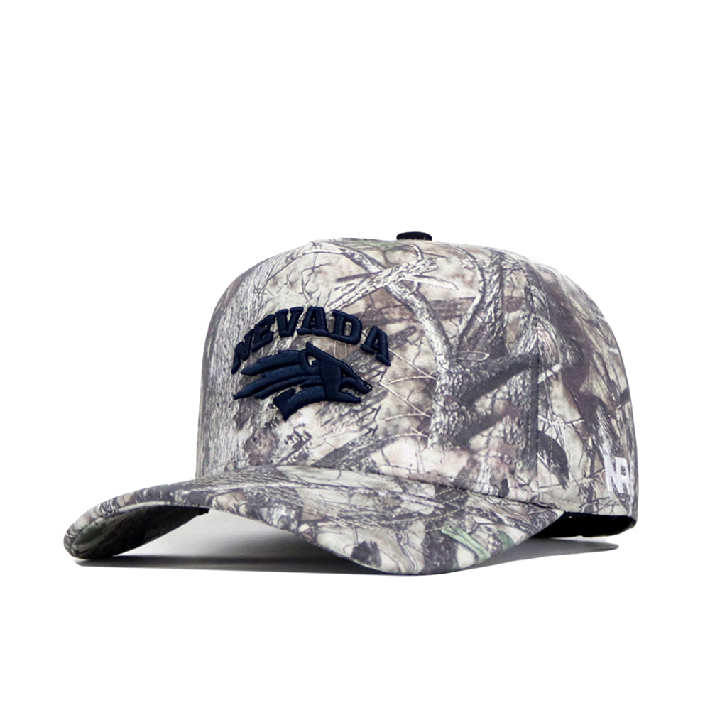 The No Rivals Nevada Wolfpack Outland Hat features a camouflage pattern, NEVADA and wolf logo in navy embroidery, high quality cotton, structured crown, curved brim, and an adjustable snap back.