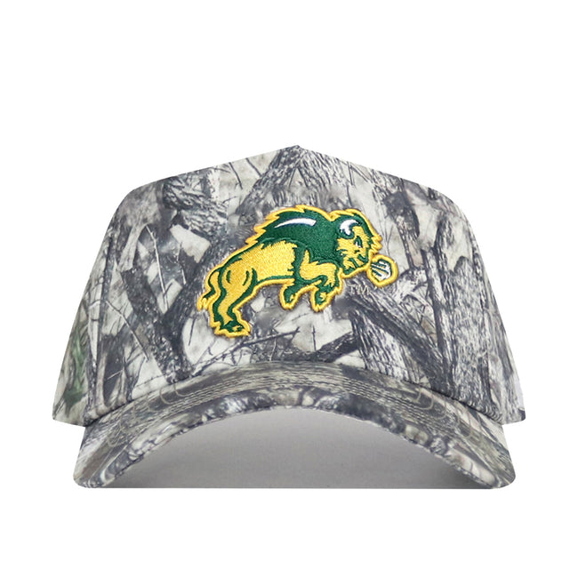 The No Rivals NDSU Outland Hat is a camo snapback with a yellow and green embroidered bison logo, made from high-quality cotton for a comfortable, structured fit.