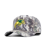 The No Rivals NDSU Outland Hat is a camo snapback featuring an embroidered yellow and green bison logo, curved brim, visible stitching, and a structured high-quality cotton fit.