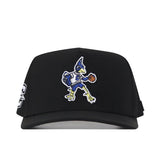 The Creighton Bluejays Basketball Hat by No Rivals is a black cap featuring an embroidered cartoon roadrunner dribbling a basketball on the front and includes a snap back closure for a comfortable, customizable fit.
