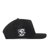 The No Rivals Creighton Bluejays Basketball Hat in black is crafted from performance fabric, features ventilation holes, and displays a stylized, embroidered Bluejay logo on the side, facing left.
