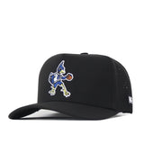 The Creighton Bluejays Basketball Hat in black by No Rivals features a cartoon bird dribbling a basketball embroidered on the front and a small white logo on the side. Made from performance fabric, this hat is designed with a snap back closure for a comfortable and adjustable fit.
