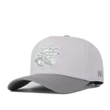 The Wichita State Graphite Hat by No Rivals features a light gray snapback, darker curved brim, embroidered character with sunglasses and hat on front, and NR initials stitched on the side—perfect for your gameday fit.
