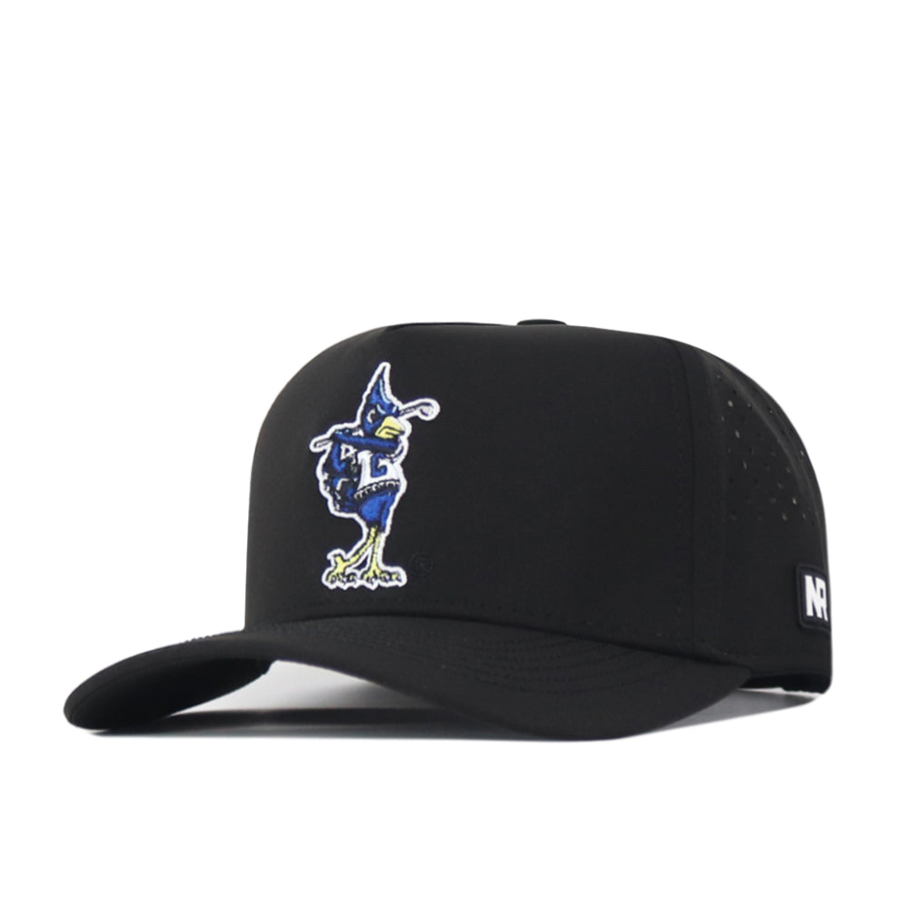 Introducing the Creighton Bluejays Golf Hat in black by No Rivals—a snapback baseball cap featuring an embroidered cartoon blue bird with yellow feet and beak on the front, plus a small NR logo tag on the side. Perfect for your gameday fit!.