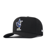 Introducing the Creighton Bluejays Golf Hat in black by No Rivals—a snapback baseball cap featuring an embroidered cartoon blue bird with yellow feet and beak on the front, plus a small NR logo tag on the side. Perfect for your gameday fit!.