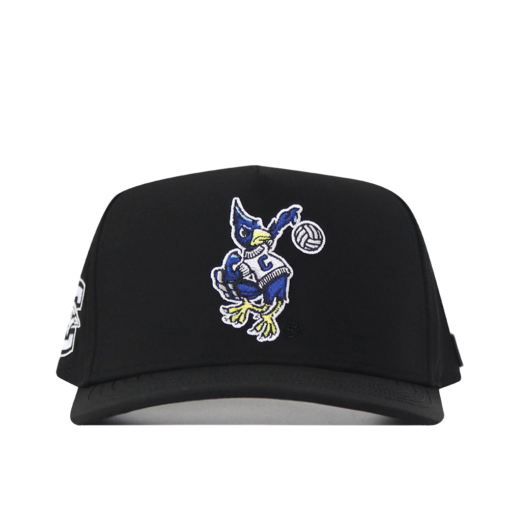 The Creighton Bluejays Volleyball Hat - Black by No Rivals is a black performance fabric cap, showcasing an embroidered blue bird mascot in a volleyball pose with numbered jersey on the front panel.