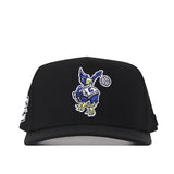 The Creighton Bluejays Volleyball Hat - Black by No Rivals is a black performance fabric cap, showcasing an embroidered blue bird mascot in a volleyball pose with numbered jersey on the front panel.