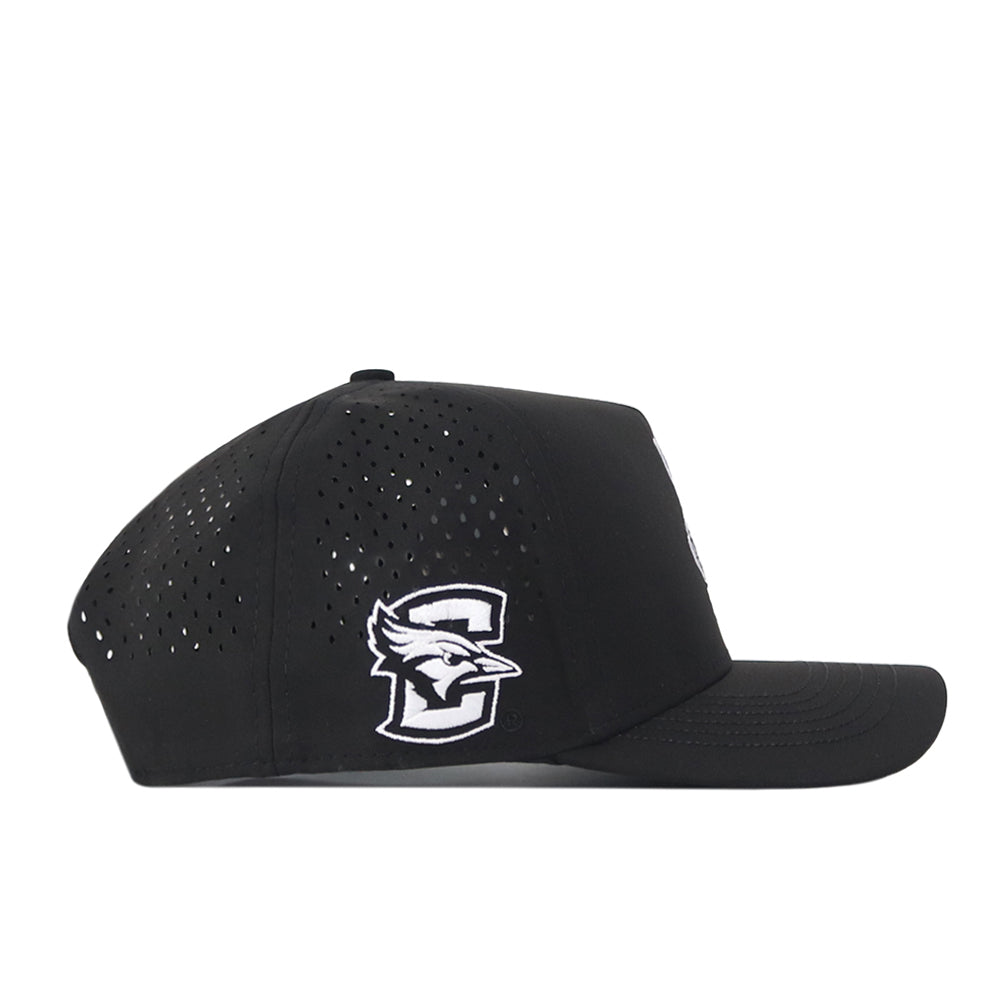 Introducing the Creighton Bluejays Volleyball Hat – Black by No Rivals. This black cap showcases a perforated side design and features a bold blue jay embroidered inside a letter “C” on the side panel. Made from high-performance fabric, it offers a structured front, curved brim, and an adjustable snapback closure for a customized fit.