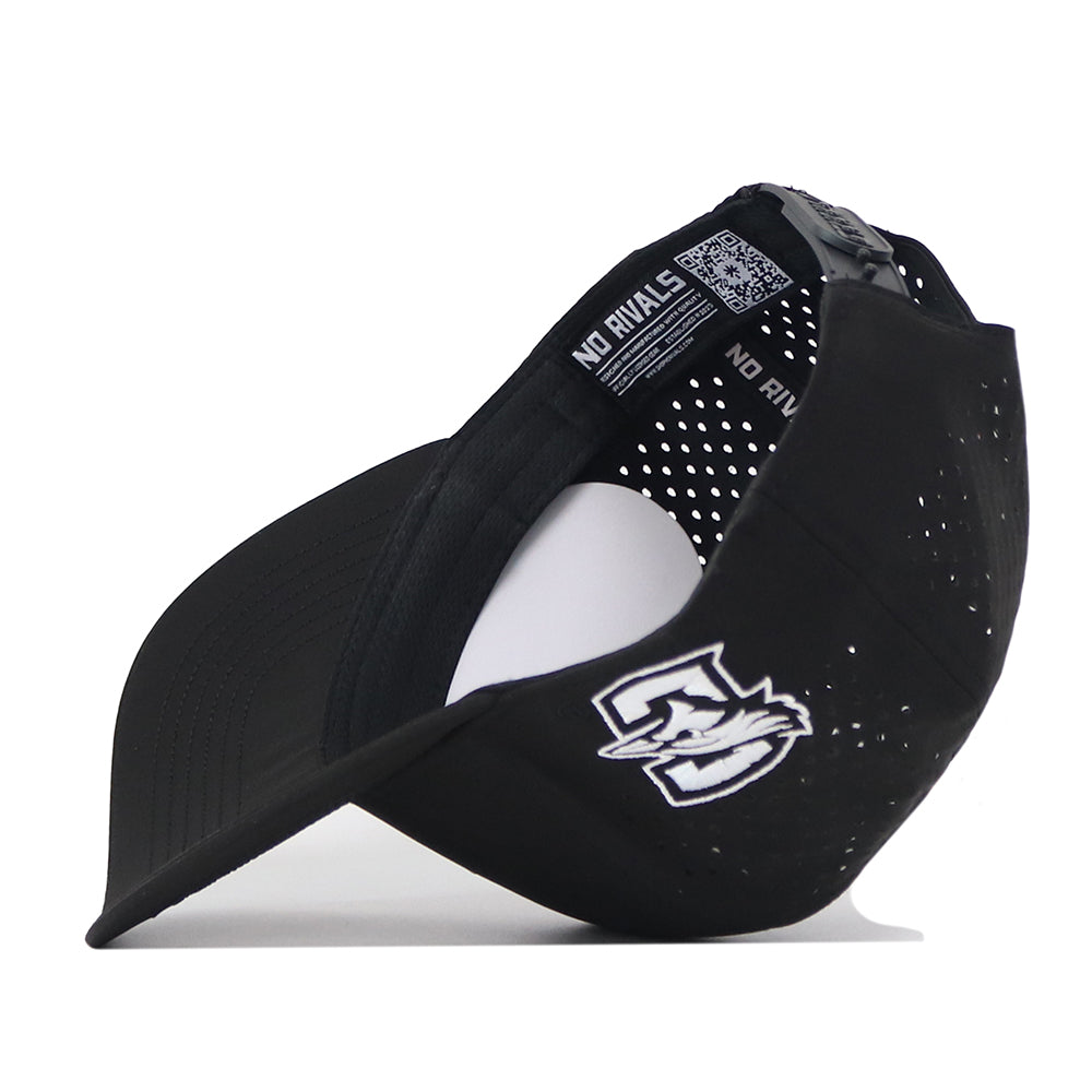 The Creighton Bluejays Volleyball Hat by No Rivals is displayed upside down, revealing a white embroidered logo on the front and perforated holes on the side panel. Made from performance fabric, the inside label reads NO RIVALS.