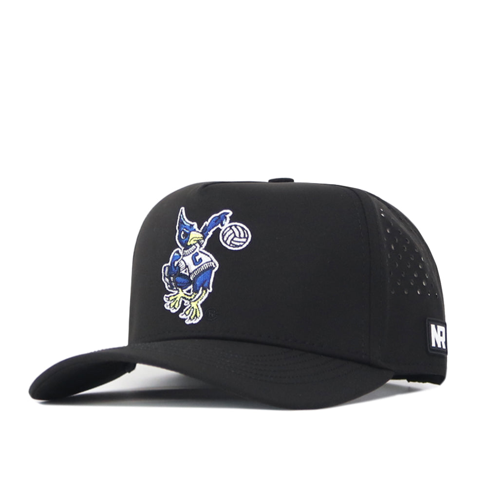 Introducing the Creighton Bluejays Volleyball Hat - Black by No Rivals: This sleek black baseball cap showcases an embroidered Bluejays cartoon mascot holding a volleyball and sporting a blue outfit on the front. Designed for both comfort and style, it features a curved brim, breathable perforated side panels, and is made from performance fabric. An adjustable snap back closure ensures a perfect fit, while the bold embroidered logo makes it ideal for fans seeking standout sporty style.