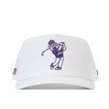 The No Rivals JMU Dukes Golf Hat in white features an embroidered mascot—a crowned, bearded figure swinging a golf club with “JMU” on his shirt. This cap highlights a striking embroidered logo and includes a snapback closure for the perfect gameday fit.