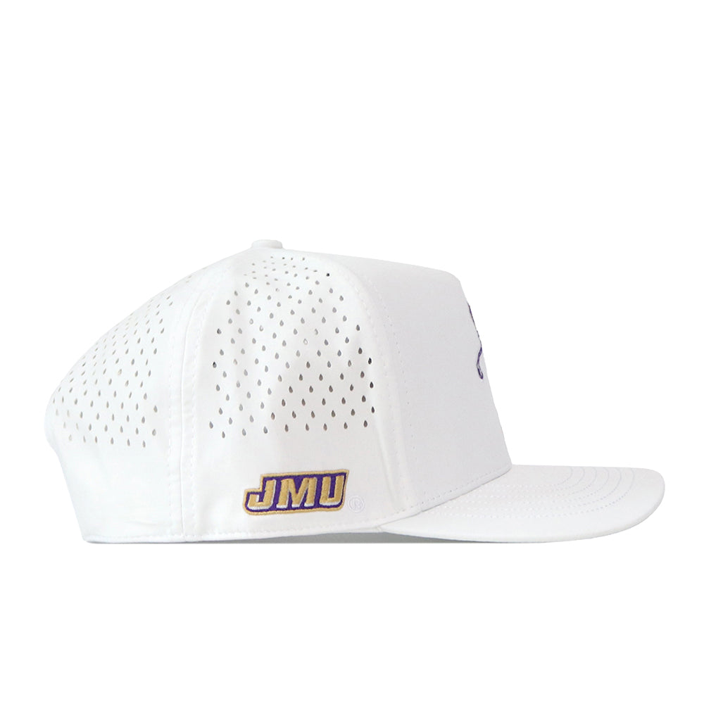 The No Rivals JMU Dukes Golf Hat - White features a structured crown, flat brim, and adjustable Snap Back for the perfect Gameday Fit. This white cap includes small ventilation holes and has “JMU” embroidered in purple and gold on the side.