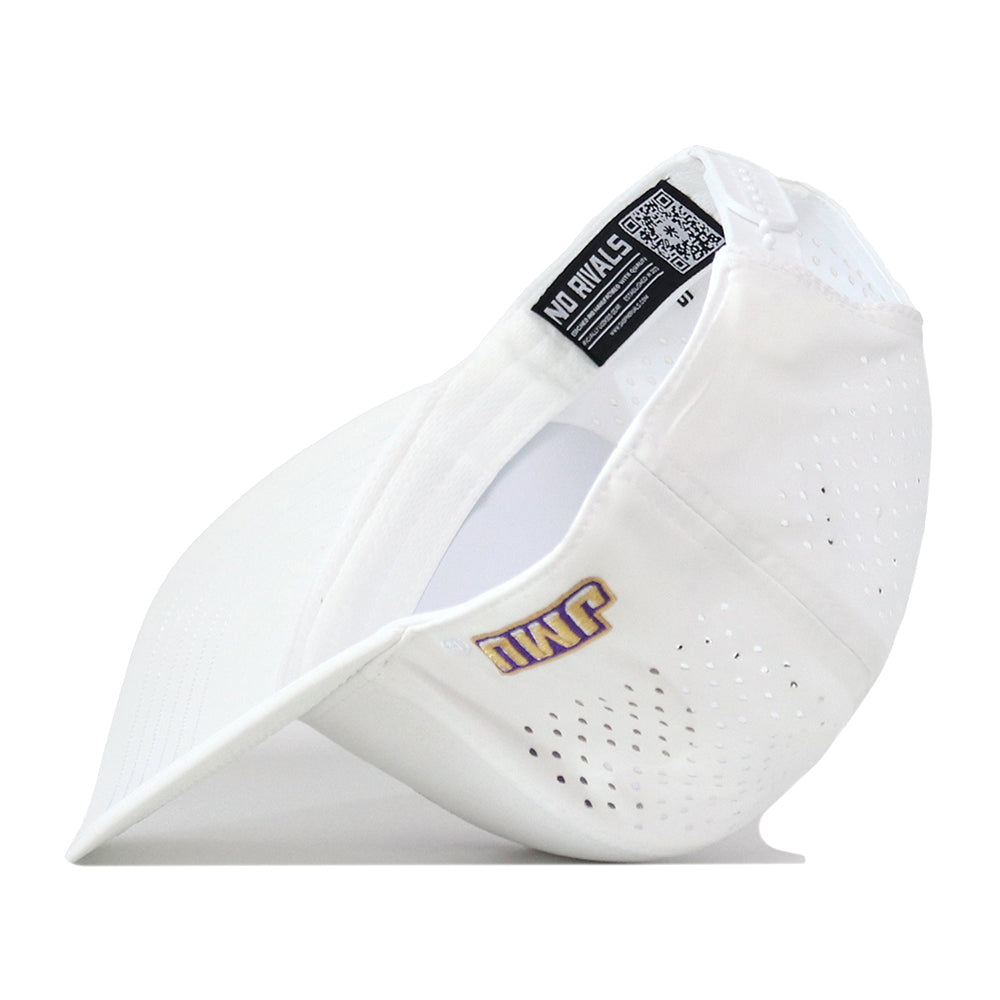 The JMU Dukes Golf Hat - White by No Rivals is a white baseball cap featuring ventilation holes, a curved brim, and a gold and purple embroidered logo on the side, shown from the back angle. Designed for the perfect gameday fit, this hat includes a convenient snap back adjustment for all-day comfort and style.