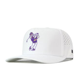 The JMU Dukes Golf Hat - White by No Rivals features an embroidered cartoon dog in a purple outfit with JMU lettering, swinging a golf club on the front. It comes with a snap back adjustment for the perfect gameday fit.