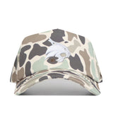 Front view of the Texas State Huntsman Hat by No Rivals, a camouflage baseball cap with a white embroidered wildcat logo on the front, featuring a curved brim and classic snap back for the perfect gameday fit.