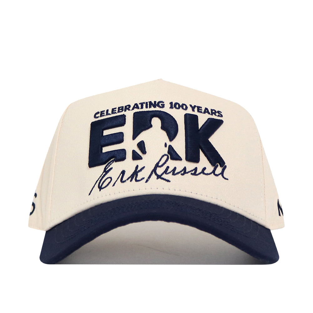 The Georgia Southern Erk Russell Hat by No Rivals features a white and navy design with an officially licensed “CELEBRATING 100 YEARS ERK” embroidered logo, Erk Russell’s signature on the front, and a silhouette incorporated into the ERK text. The classic snap back closure ensures an adjustable fit.