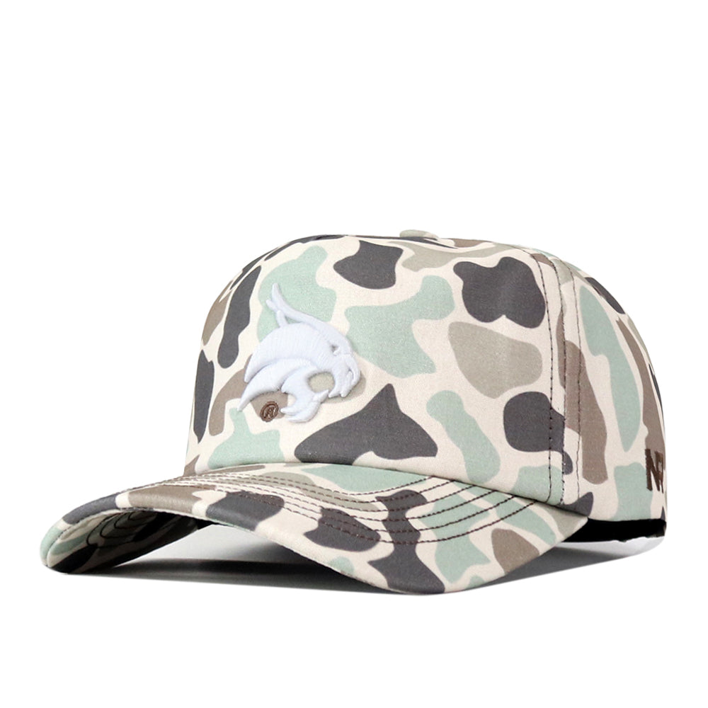 Introducing the Texas State Huntsman Hat by No Rivals—a camo-patterned baseball cap showcasing a bold white embroidered dolphin logo on the front and the letters N and S on the side. Designed with a snap back closure for adjustable comfort, it’s the perfect finishing touch to your gameday outfit.