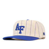 Introducing the Air Force Pinstripe Hat by No Rivals—a cream-colored, high-quality cotton snapback featuring thin blue pinstripes, a bold blue AF logo on the front, and a classic blue brim. This unstructured fit cap also sports a distinctive blue N logo on the right side.