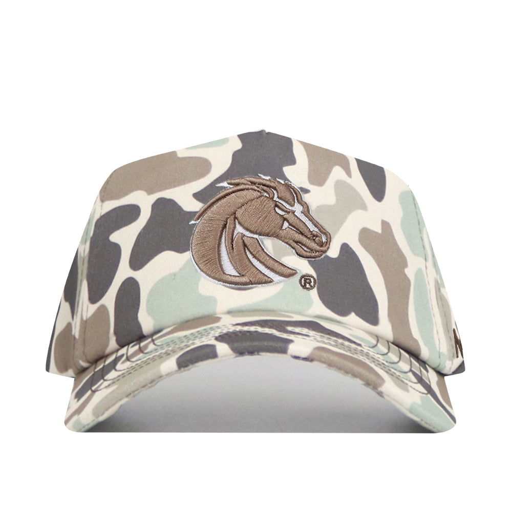 A No Rivals Boise State Huntsman Hat, featuring a camouflage snapback design with a brown embroidered horse head logo on the front, shown from the front against a white background.