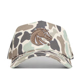 A No Rivals Boise State Huntsman Hat, featuring a camouflage snapback design with a brown embroidered horse head logo on the front, shown from the front against a white background.