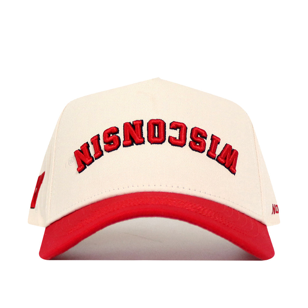 Show your team pride in bold style with the No Rivals Wisconsin Badgers Upside Down Wisconsin Hat - Classic, a white and red snapback baseball cap featuring the word “WISCONSIN” embroidered upside down in red on the front and officially licensed by the Wisconsin Badgers.