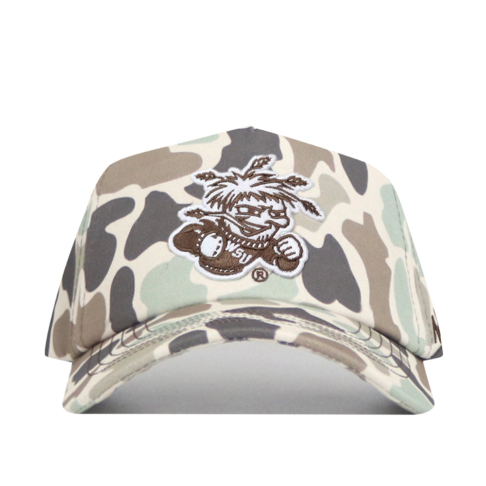 The Wichita State Huntsman Hat by No Rivals is a camouflage cap with an embroidered spiky-haired, feathered cartoon holding a football. Made from quality cotton, it features adjustable snap back for a custom fit.
