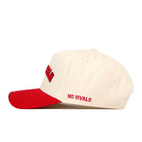 Show your team spirit in style with the Wisconsin Badgers Upside Down Wisconsin Hat - Classic from No Rivals. This cream-colored snapback baseball cap features a bold red brim and “NO RIVALS” embroidered on the side in red, making it an officially licensed accessory perfect for any Badgers fan looking to showcase their pride.