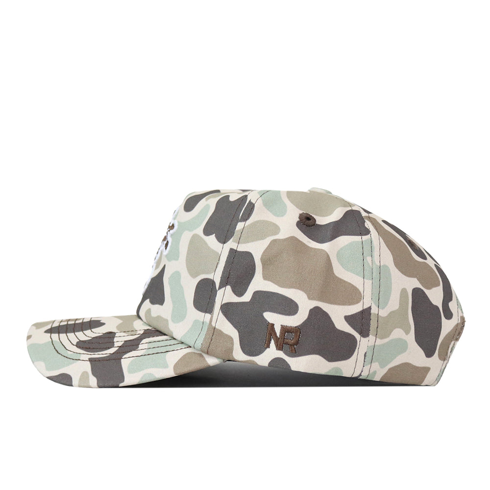 The Wichita State Huntsman Hat by No Rivals is a camo-patterned cotton baseball cap with NB embroidery on the side and a snap back, shown in a side view against a white background.