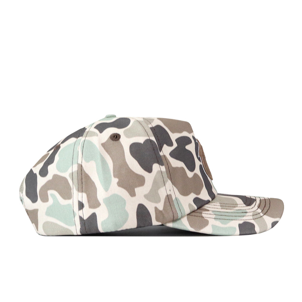 Side view of the Boise State Huntsman Hat by No Rivals, an officially licensed baseball cap with a green, beige, and brown camouflage pattern, featuring an embroidered logo and a snap back closure, displayed against a plain white background.