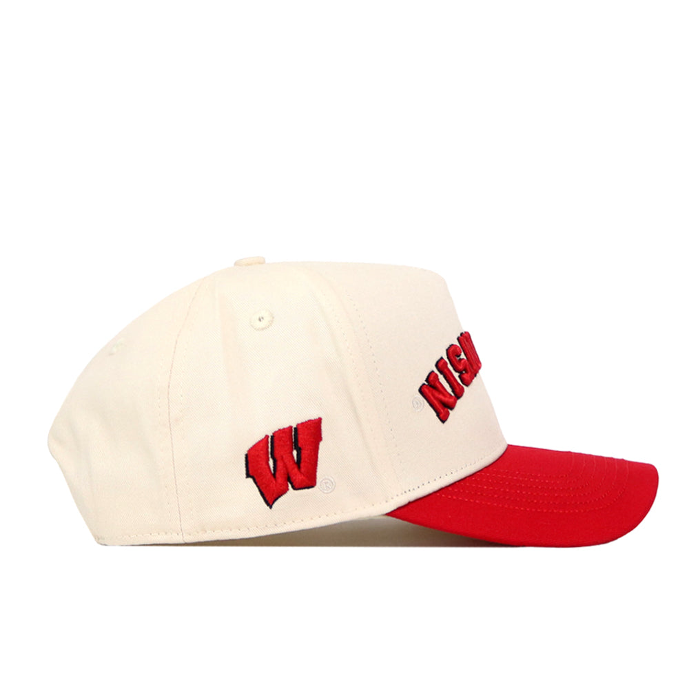 The No Rivals Wisconsin Badgers Upside Down Wisconsin Hat - Classic features a cream crown and solid red brim, with “WISCONSIN” embroidered on the front and a red W logo on the side. This officially licensed snapback combines standout style with true team spirit.