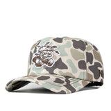 The Wichita State Huntsman Hat by No Rivals is a camo snapback with a curved brim, adjustable fit, and embroidered cartoon mascot in sunglasses and WSU shirt—perfect for your gameday look.