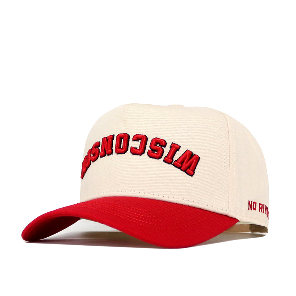 Show your school spirit in style with the Wisconsin Badgers Upside Down Wisconsin Hat - Classic by No Rivals. This officially licensed cream baseball cap features a striking red brim and “WISCONSIN” embroidered upside-down in bold red across the front. The words “NO RIVALS” are stitched in red on the left side of the brim, and an adjustable snapback closure provides a comfortable, custom fit.